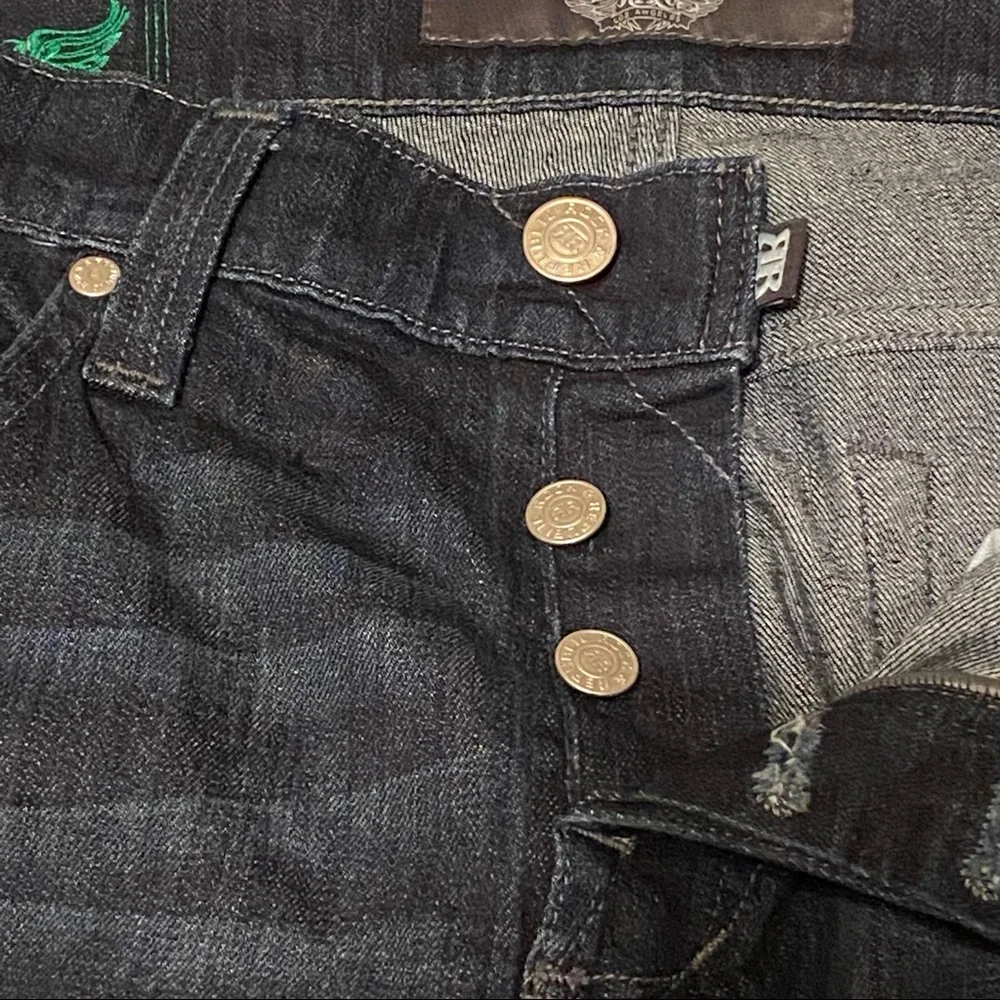 Rock & Republic Jeans Dark Blue 36 NEIL Button Fly Green Pocket Logo - Picture 8 of 13